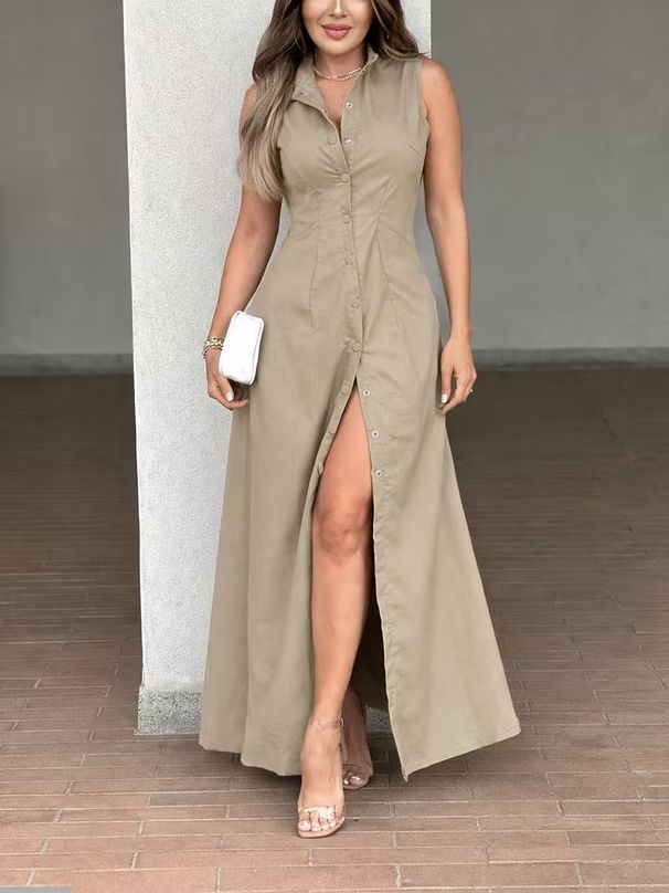 Women's Clothing Casual Elegant Sleeveless Long Dress Shirt Front Button Single Breasted Slim Fit_ecoleips.com