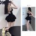 Spicy Girl Hollow Out Backless Waist-Cinching Strap Jumpsuit Sexy Girly Slimming Pants Black Short Skirt Set For Women_ecoleips.com