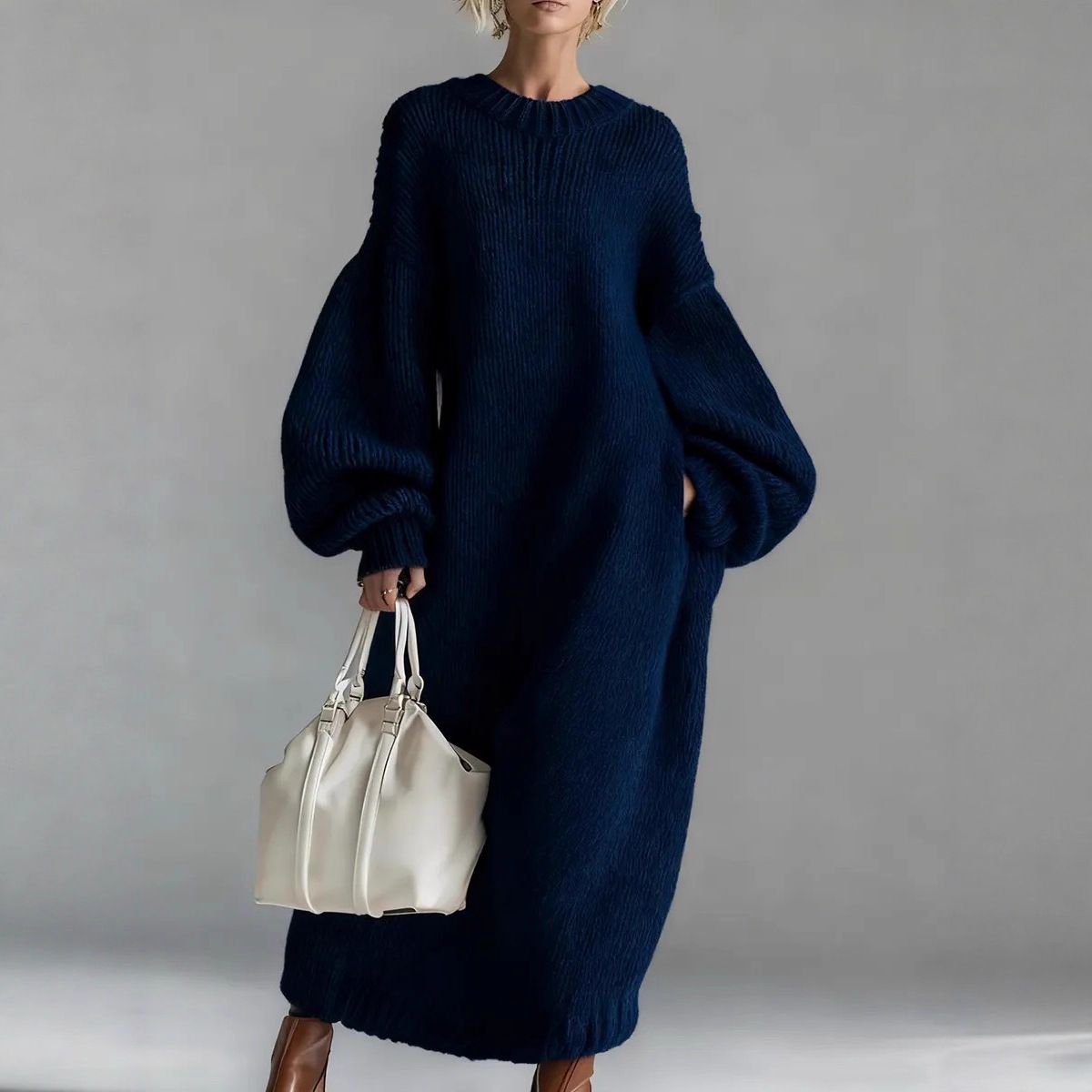 Women's Knitted Sweater Dress With Round Neck, Loose Fit, Lantern Sleeves, Long Length – Elegant & Versatile For Casual & Office Wear_ecoleips.com