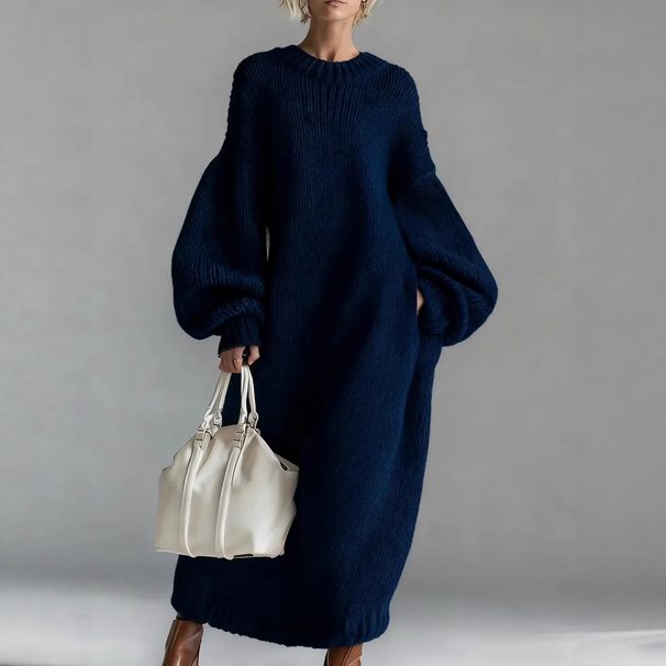 Women's Knitted Sweater Dress With Round Neck, Loose Fit, Lantern Sleeves, Long Length – Elegant & Versatile For Casual & Office Wear_ecoleips.com