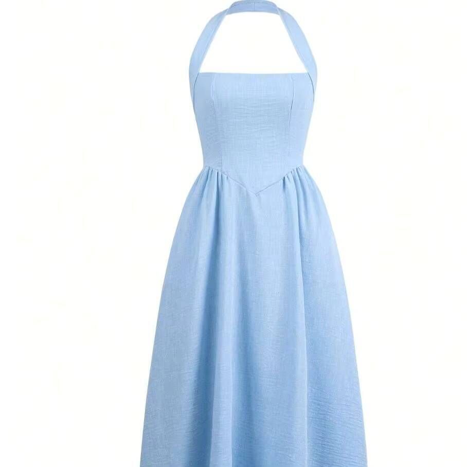 Women Halter LightBlue Linen GatheredWaist FlowyMaxi Dress Minimalist Boho Vacay SpringSummer Coastal BeachBrunch Breathable_ecoleips.com