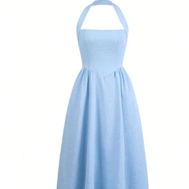 Women Halter LightBlue Linen GatheredWaist FlowyMaxi Dress Minimalist Boho Vacay SpringSummer Coastal BeachBrunch Breathable_ecoleips.com