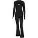 Women Fashion Two Piece Set Solid Color Long Sleeve Top And Bodycon Hip Lifting Strappy Jumpsuit Dress Outfit_ecoleips.com