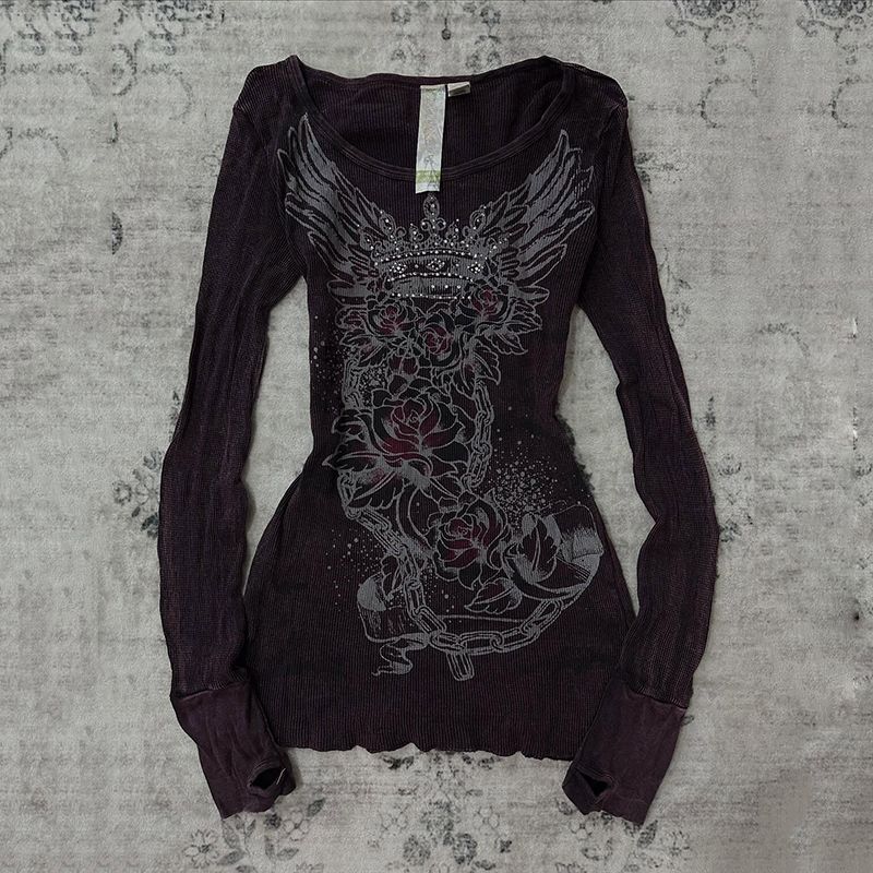 Gothic Dark Style Spicy Girl Long Sleeve Printed T-Shirt Autumn Retro Y2K Top For Women_ecoleips.com