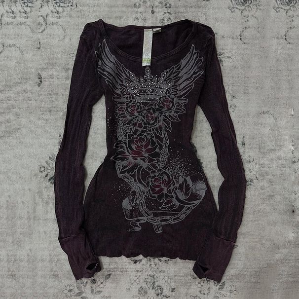 Gothic Dark Style Spicy Girl Long Sleeve Printed T-Shirt Autumn Retro Y2K Top For Women_ecoleips.com