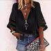 2022 New European American V-neck Zipper With Half Bell Sleeves And Mesh Splicing, Loose Casual Shirt For Women_ecoleips.com