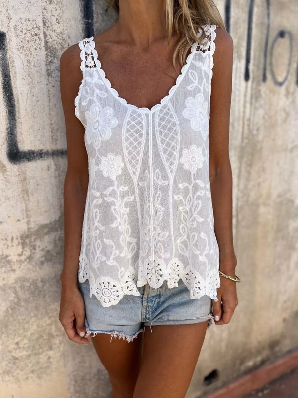 Spring Summer Mesh Hollow Out Lace Camisole Vest Sexy Cover Up Top With Lace Trim Russian Style Women's Clothing_ecoleips.com