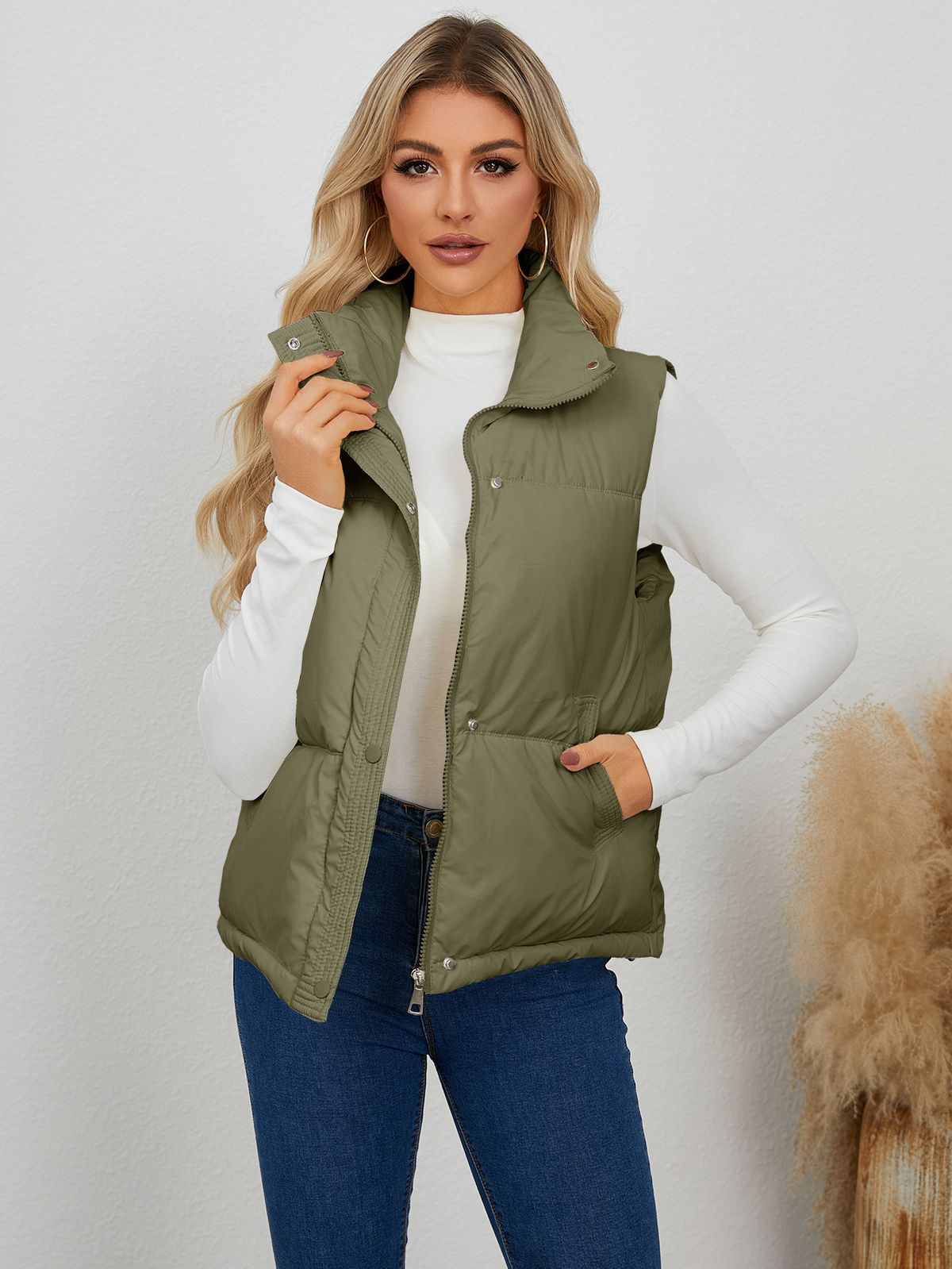 Women's Clothing Quilted Vest With Stand Collar Warm Padded Sleeveless Jacket For Winter, Lightweight Polyester Fill Zip Front Casual Office Wear_ecoleips.com