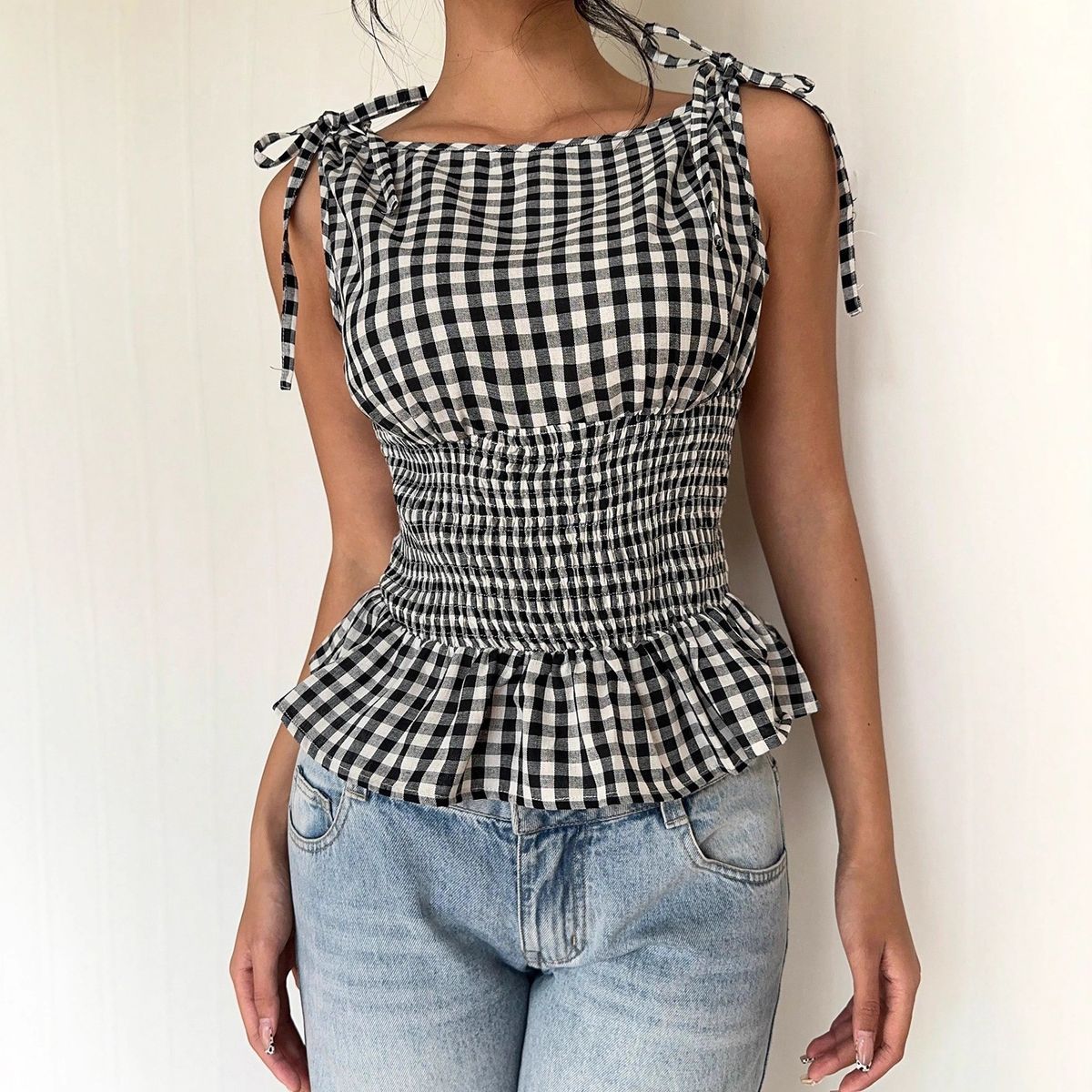 Women's Plaid Vintage Romantic Date Afternoon Tea Bow Collar Slim Fit Ruffle Tank Top, Y2K Style_ecoleips.com