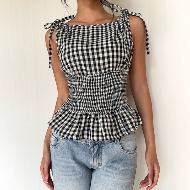 Women's Plaid Vintage Romantic Date Afternoon Tea Bow Collar Slim Fit Ruffle Tank Top, Y2K Style_ecoleips.com