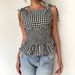 Women's Plaid Vintage Romantic Date Afternoon Tea Bow Collar Slim Fit Ruffle Tank Top, Y2K Style_ecoleips.com