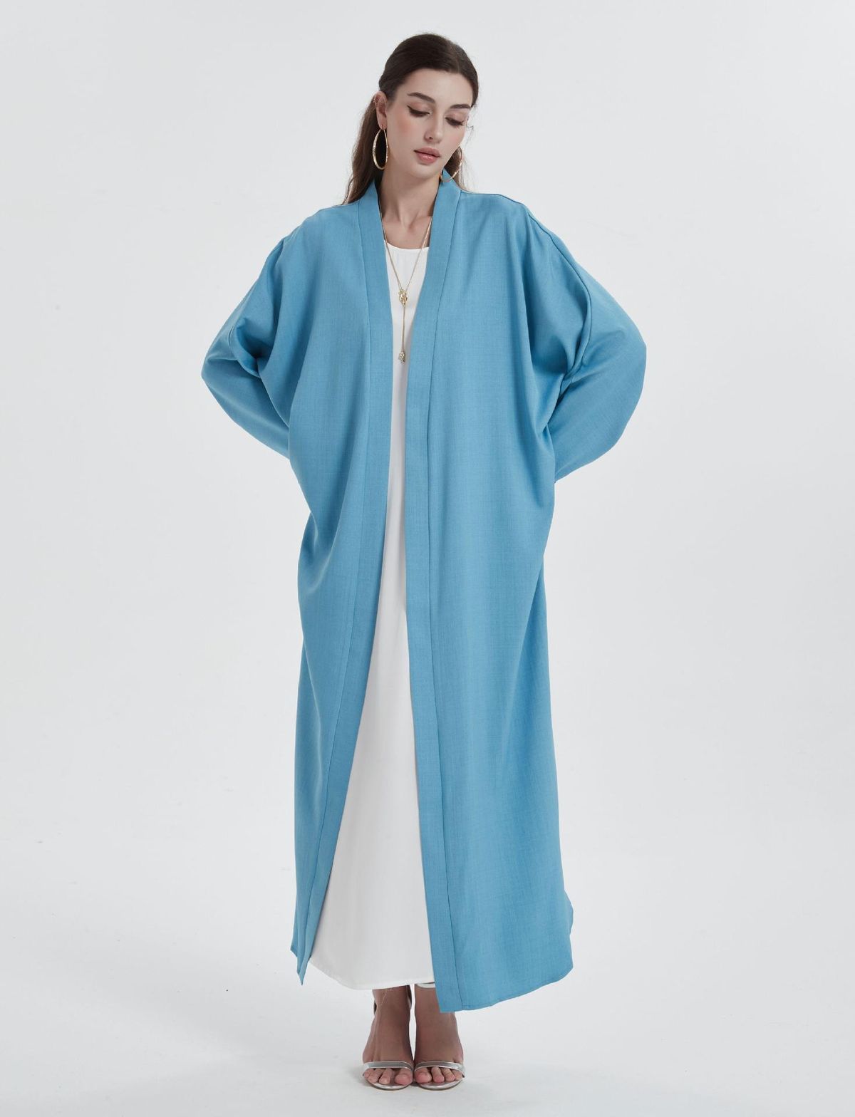 Muslim Women's Solid Color Batwing Sleeve Hem Split Long Robe Cardigan Abaya MSL824_ecoleips.com