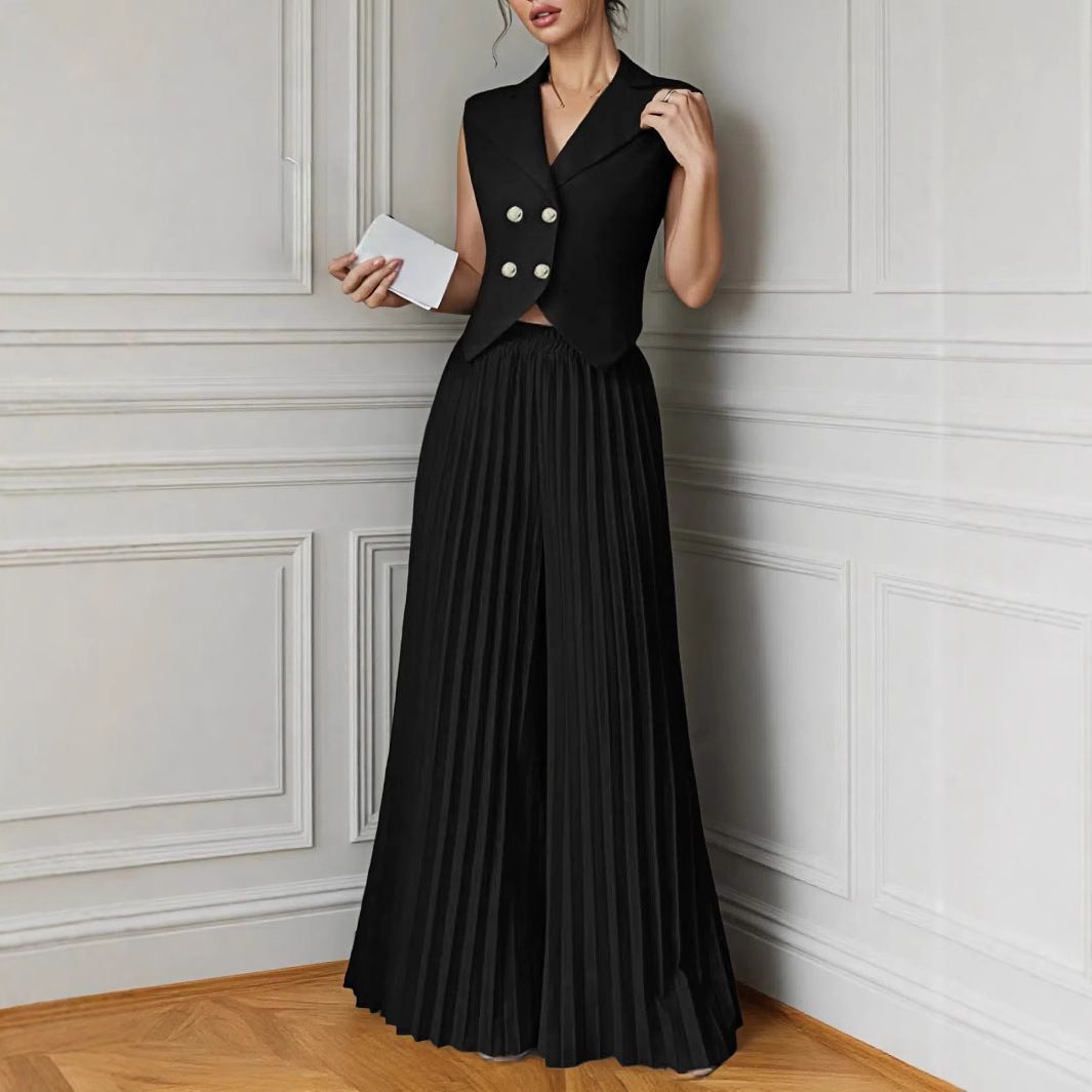 Women's Sleeveless Vest & Pleated Wide-Leg Pants Set – 90% Polyester Stretch Lounge-to-Street Outfit_ecoleips.com