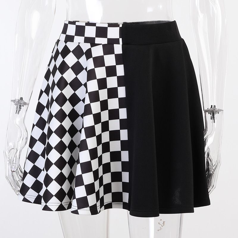 QY21059 Women's High-Waisted Midi Skirt Dark Fashion Houndstooth Patchwork Color Block French Style for Summer 2024_ecoleips.com