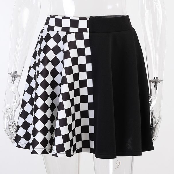 QY21059 Women's High-Waisted Midi Skirt Dark Fashion Houndstooth Patchwork Color Block French Style for Summer 2024_ecoleips.com