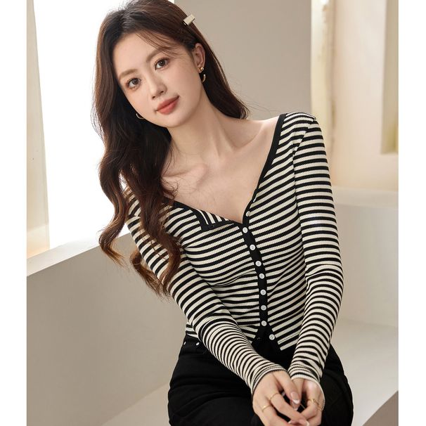 2025 #Selection Of Pure Cotton # Shell Button High Waist Short Striped T-Shirt Women's Long Sleeved 2025 Autumn Outfit New_ecoleips.com