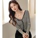 2025 #Selection Of Pure Cotton # Shell Button High Waist Short Striped T-Shirt Women's Long Sleeved 2025 Autumn Outfit New_ecoleips.com