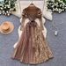 Women's High-End Pleated Dress European American Style Cross Border Fashionable Print Patchwork Long Dress With Tie Waist For Autumn 2025_ecoleips.com