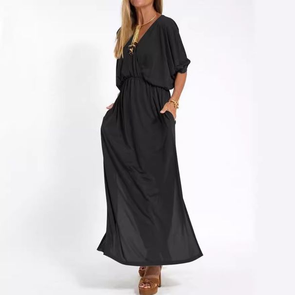 Women's High Waist Side Split V Neck Midi Dress – Trendy Elegant Spring Summer Gown 2026_ecoleips.com