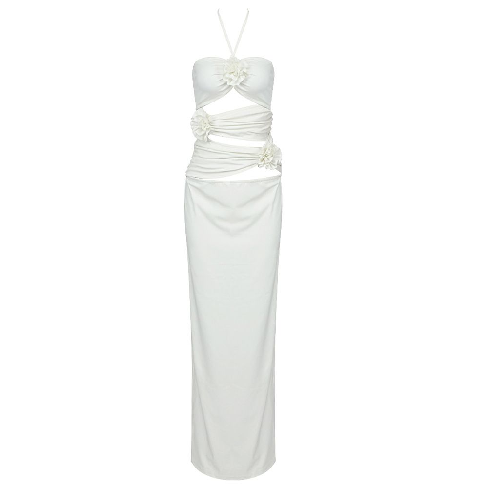 Summer Temperament White Hanging Neck Pleated Hollow Flower Slim Women's Elastic French Long Dress_ecoleips.com