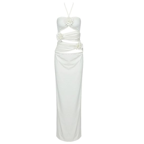 Summer Temperament White Hanging Neck Pleated Hollow Flower Slim Women's Elastic French Long Dress_ecoleips.com