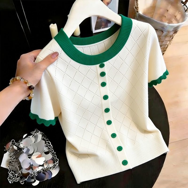 Spring/Summer Women's French Style Knit Sweater Diamond Pattern Hollowed Out Design Ruffled Trim Slim Fit Short Sleeve Top_ecoleips.com
