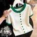 Spring/Summer Women's French Style Knit Sweater Diamond Pattern Hollowed Out Design Ruffled Trim Slim Fit Short Sleeve Top_ecoleips.com