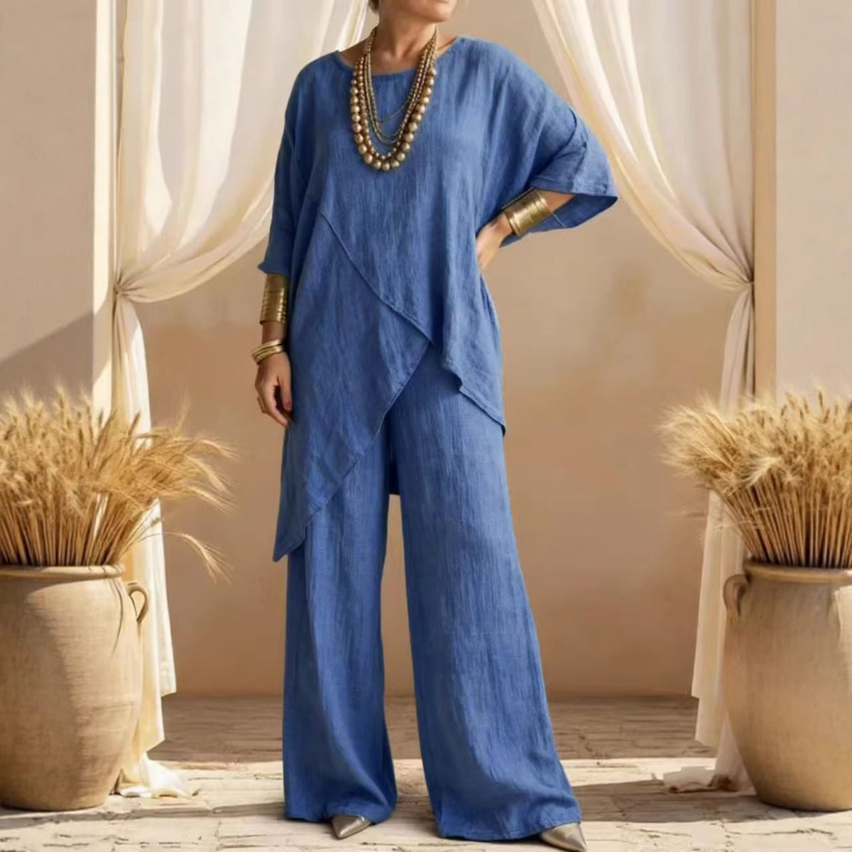 Breathable Linen-Cotton Short Sleeve Top And Long Pants Set, Solid Color Relaxed Two-Piece Outfit For Women, Summer Casual Comfort_ecoleips.com