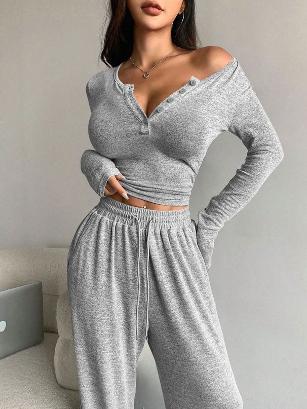 European And American Cross-Border Autumn Winter Short Slim Sexy V-Neck Long Sleeve Wide-Leg Pocket Pants Trendy Casual_ecoleips.com