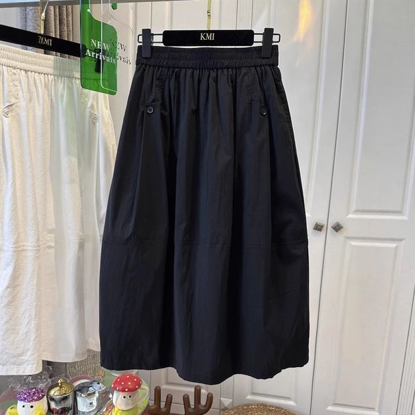 2512-Elastic Waist Button White Midi A-Line Skirt_ecoleips.com