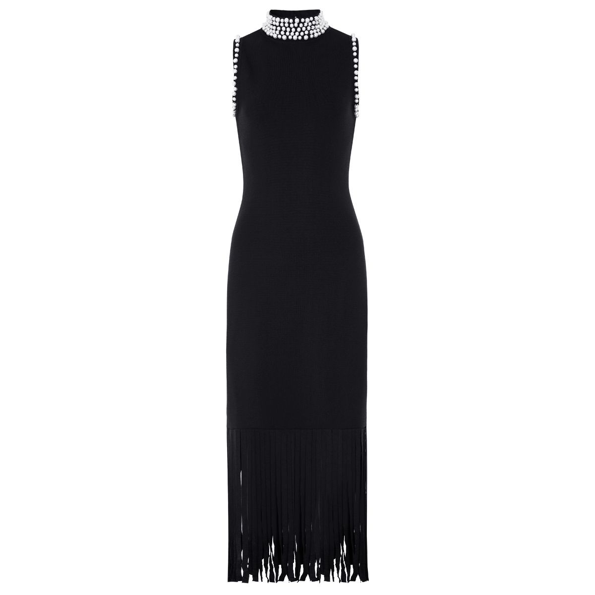 Elegant Pearl-Embellished High-Neck Sleeveless Knit Dress With Waist Accent & Fringe Detail Versatile Styling_ecoleips.com