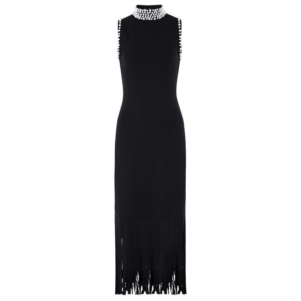 Elegant Pearl-Embellished High-Neck Sleeveless Knit Dress With Waist Accent & Fringe Detail Versatile Styling_ecoleips.com