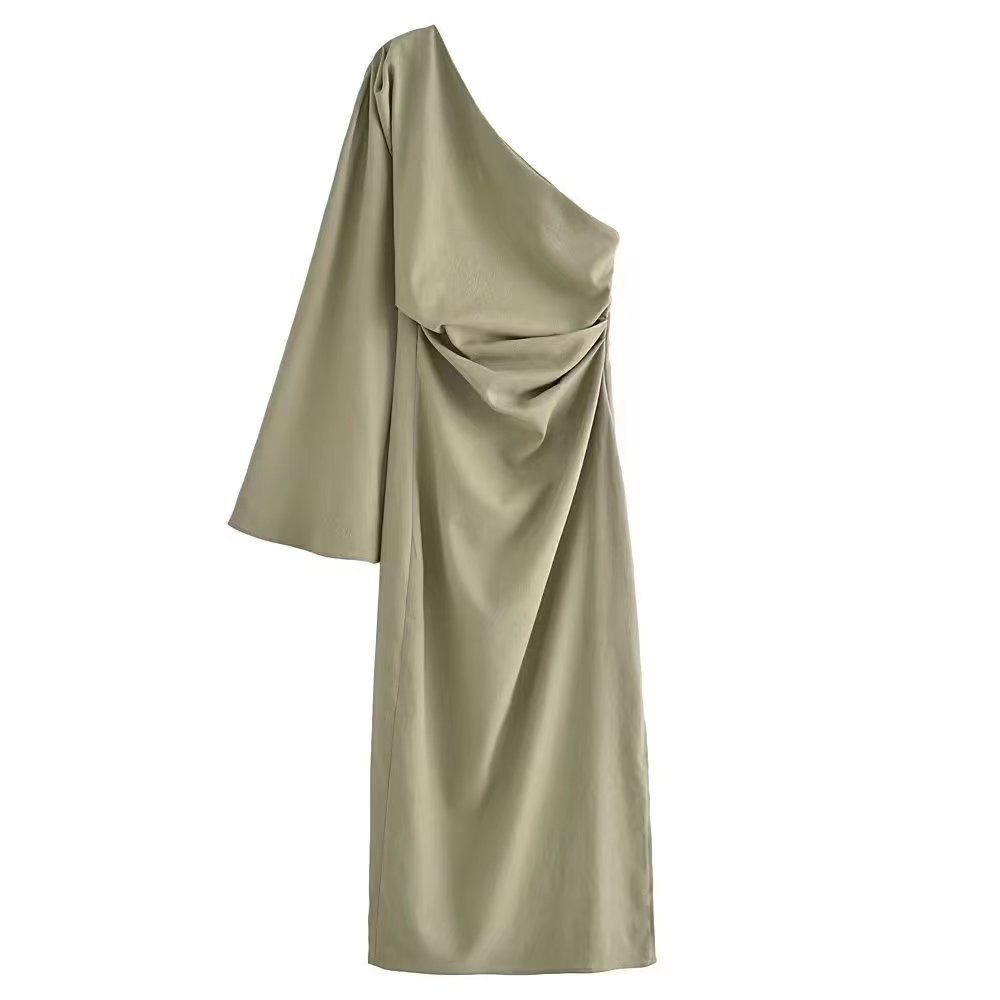 23 European And American Hot-Selling Cross-Border One-Shoulder Silk Twill Texture Slim-Fit Women's Long Dress_ecoleips.com