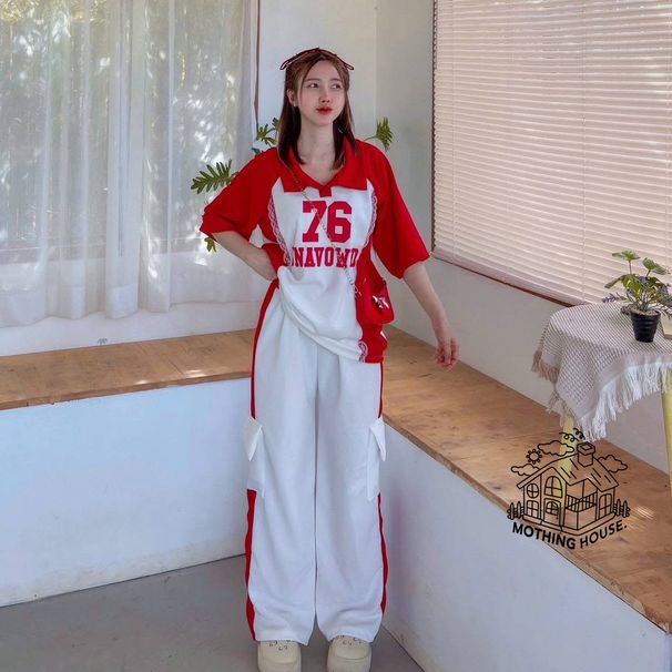 Women's American Style Street Style Cargo Pants Set Summer Fashion Sweet Cool Short Sleeved T-Shirt Red Casual Pants Two Piece Set_ecoleips.com