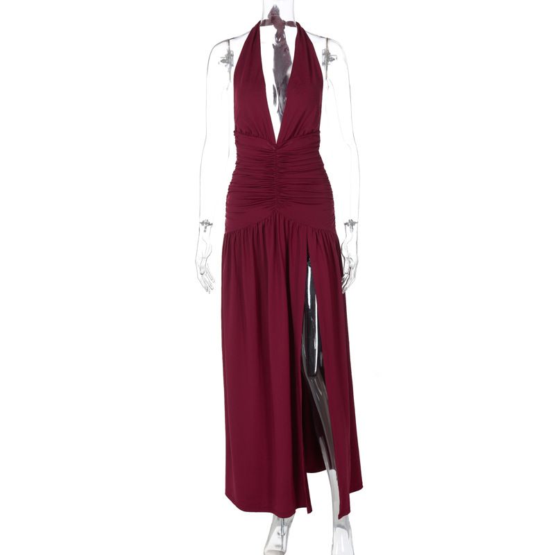 Best-selling In Europe And America, 2025 Summer New Sexy V-neck Slit Dress, Pleated Backless Solid Color Dress For_ecoleips.com