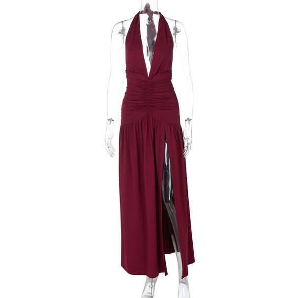 Best-selling In Europe And America, 2025 Summer New Sexy V-neck Slit Dress, Pleated Backless Solid Color Dress For_ecoleips.com