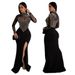 CY901013 European And American Style Round Neck Long Sleeve High Slit Rhinestone Sheer Dress For Women Solid Color Party_ecoleips.com