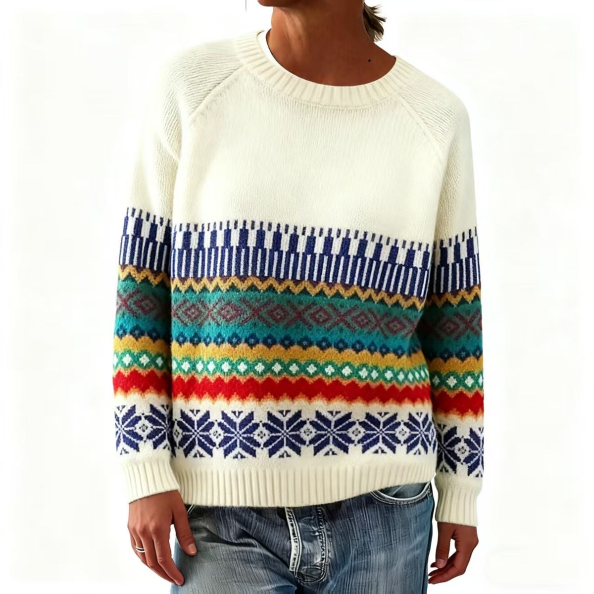 "Oversized Round Neck Sweater – Women's Color-Block Knit Pullover (Beige/Red, S-XXXXL, Relaxed Fit, European Minimalist Style)"_ecoleips.com