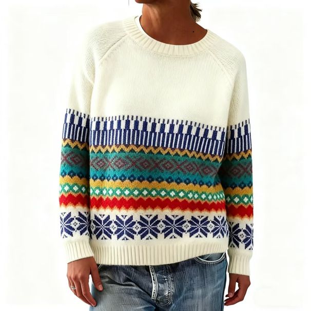 "Oversized Round Neck Sweater – Women's Color-Block Knit Pullover (Beige/Red, S-XXXXL, Relaxed Fit, European Minimalist Style)"_ecoleips.com