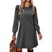 Women's Round Neck Knitted Sweater With Pockets Casual Loose Long Sleeve Autumn Winter Dress Puff Sleeve_ecoleips.com