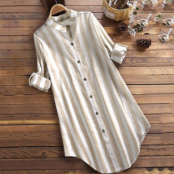 Women's Clothing Women's Fashion Striped Long Sleeved Shirt Casual Plus Size Cotton And Linen Blend For Formal & Casual_ecoleips.com