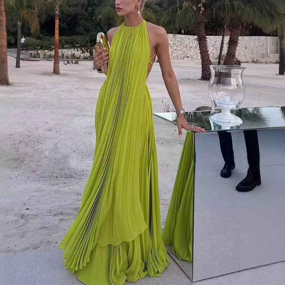 Women's Clothing Solid Color Round Neck Sleeveless Sexy Backless Beach Long Skirt Female_ecoleips.com