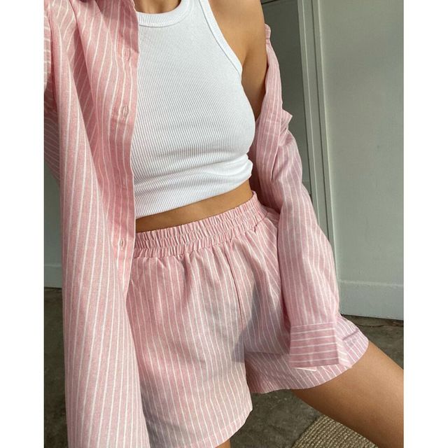 Women's Clothing Casual Striped Long Sleeved Shirt Top High Waist Loose Wide Leg Shorts Suit_ecoleips.com
