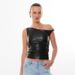 Sleeveless Leather T-Shirt Top For Women – Fashionable Twist Pleated Design, Oblique Shoulder, Tight Waist Vest, Summer Casual & Party Wear_ecoleips.com