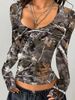 Women's Clothing Hot Girl Design Retro Camouflage Branch Pattern Extreme U Neck Slim Navel T Shirt_ecoleips.com