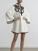 Freeacy Hollowed V-neck Mini Dress For Women Flared Sleeves A-line Pleated Dress 2026 Stylish Contrast Trims Elegant Party Dress_ecoleips.com
