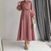 Women's Clothing Muslim Solid Color Sleeves With Belt Long Fashionable Temperament Dress_ecoleips.com