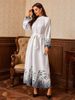 Spring And Summer Long Skirt Abaya Muslim Dress Printed Belt Round Neck Long Skirt Dress_ecoleips.com