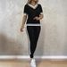 Women's Clothing Suits, All Match Contrast Color Stitching, V Neck Short Sleeved Top, T Shirt With Elastic Waist Pocket Trousers, Two Piece Suit_ecoleips.com
