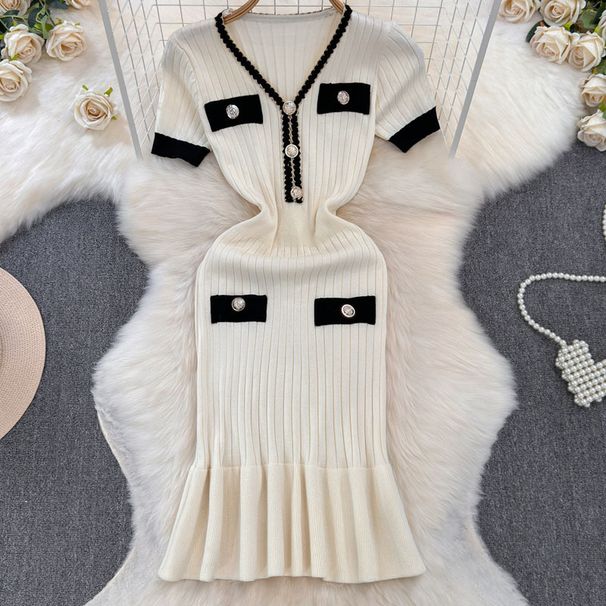 Women's Clothing Temperamental V Neck Waist Knitted Dress Short Sleeved Hip Fishtail Skirt Fashionable Contrast Color Sweater Dress_ecoleips.com